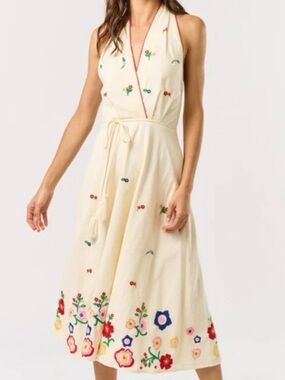 LALAVON WRAP HALTER NECK TIE EMBROIDERED MIDI DRESS M